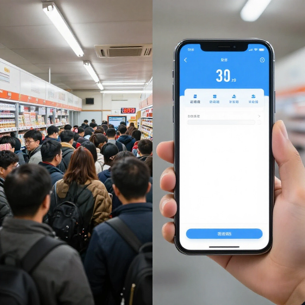 實體彩票店擁擠排隊與手機App平順介面對比，凸顯數位投注便利優勢