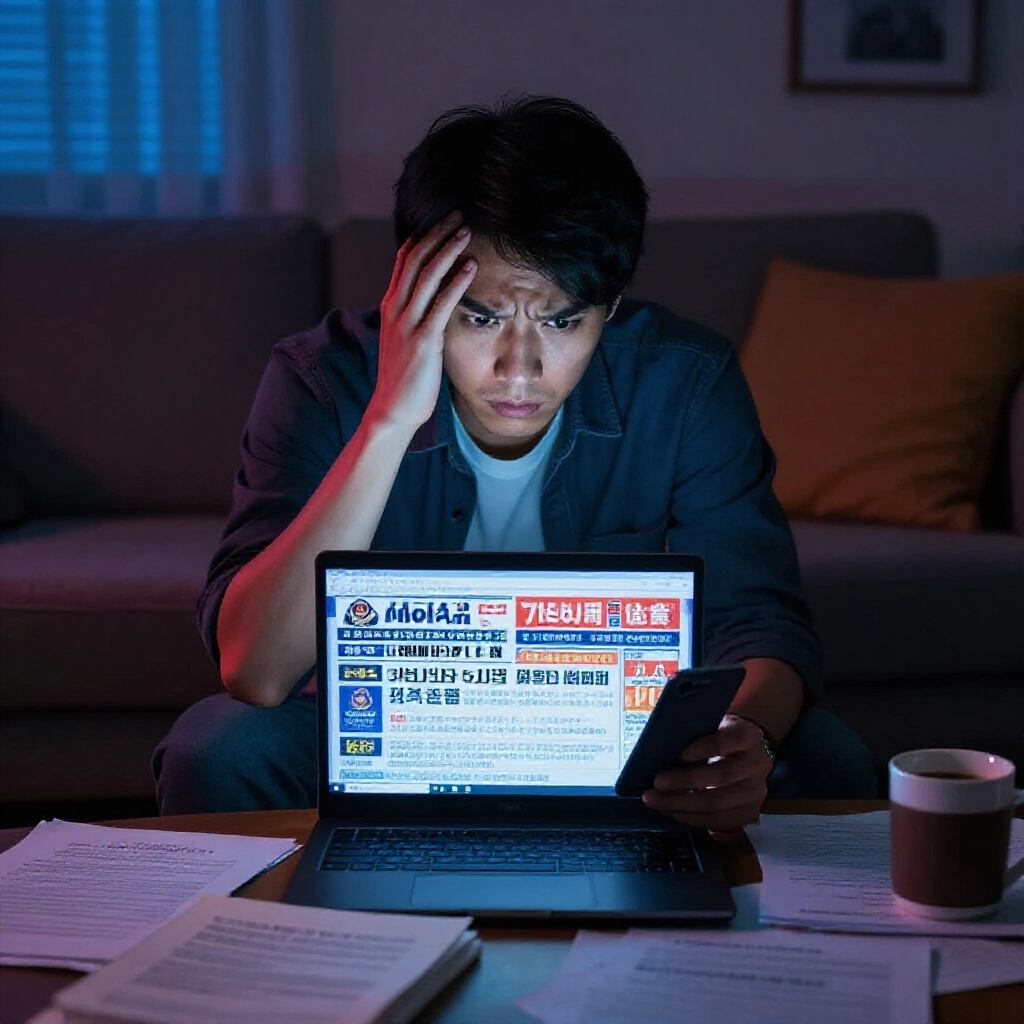 台灣男子深夜焦慮盯著筆電螢幕,顯示九州詐騙新聞頭條與警方警示橫幅,周圍散落法律文件與咖啡杯