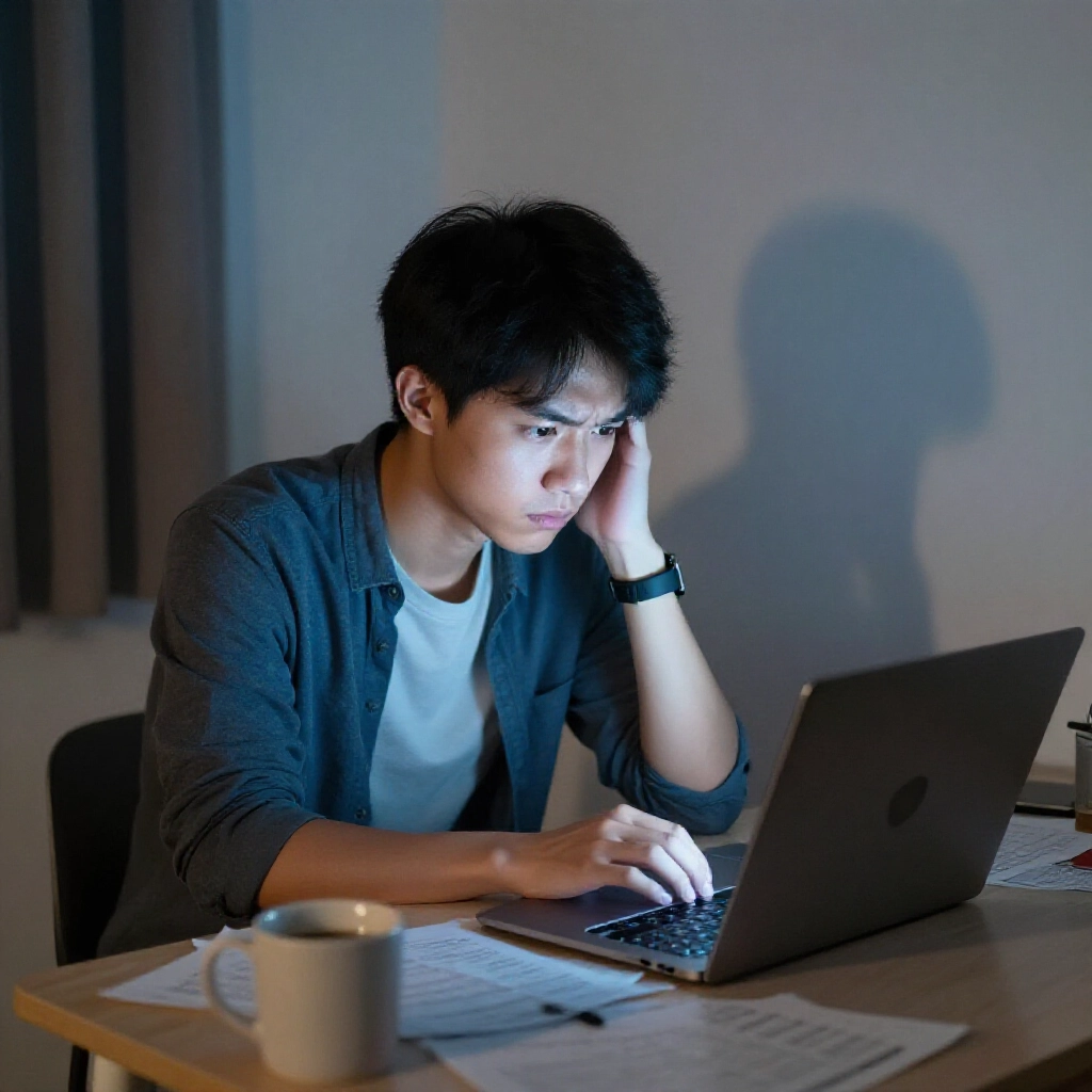 一位年輕台灣男子在溫馨夜間公寓中,緊張專注盯著發光筆電螢幕,周圍散落投注筆記和咖啡杯