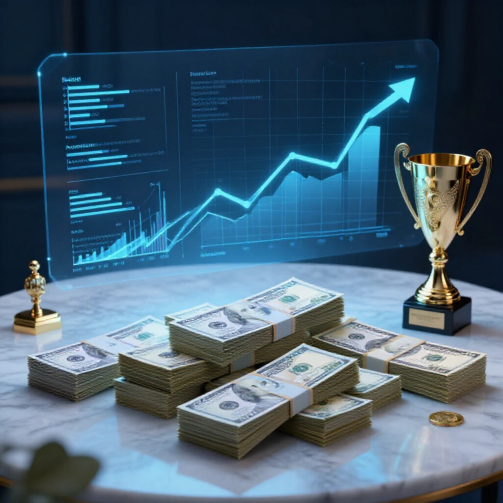 專業資訊圖場景,大理石桌上的現金疊與金色獎盃,藍光下強調稅金扣款圖表與金流箭頭