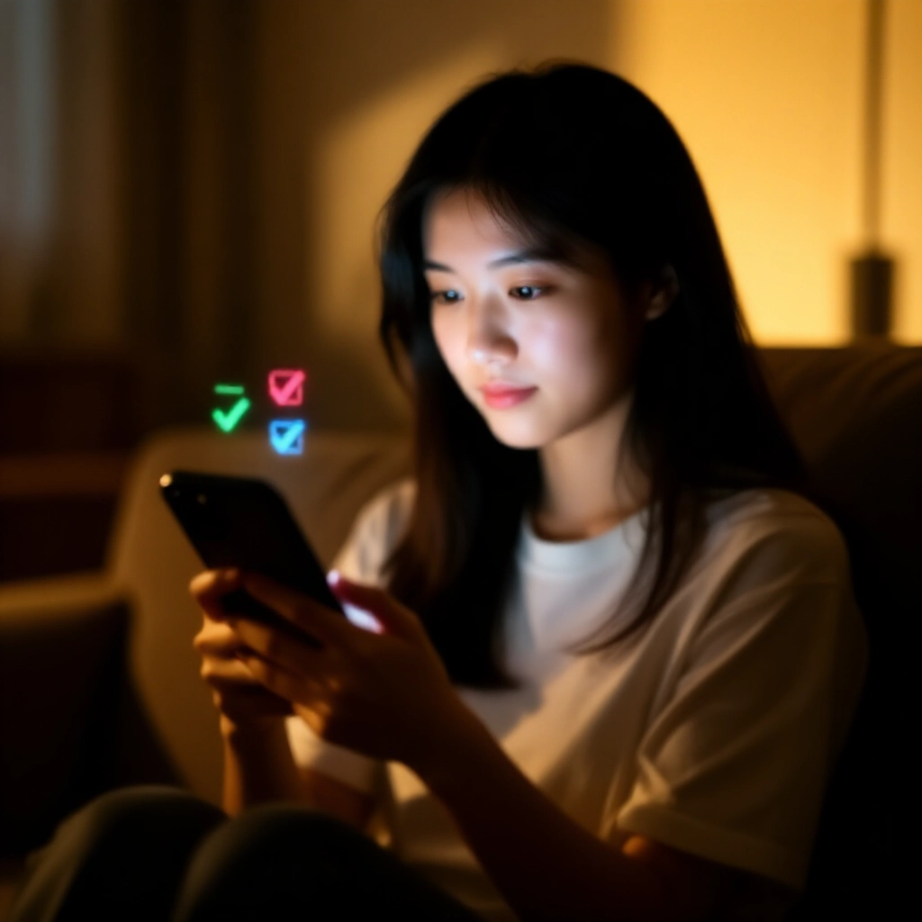 年輕台灣女性在客廳手持智慧型手機,螢幕顯示彩色號碼動畫與勾選記號