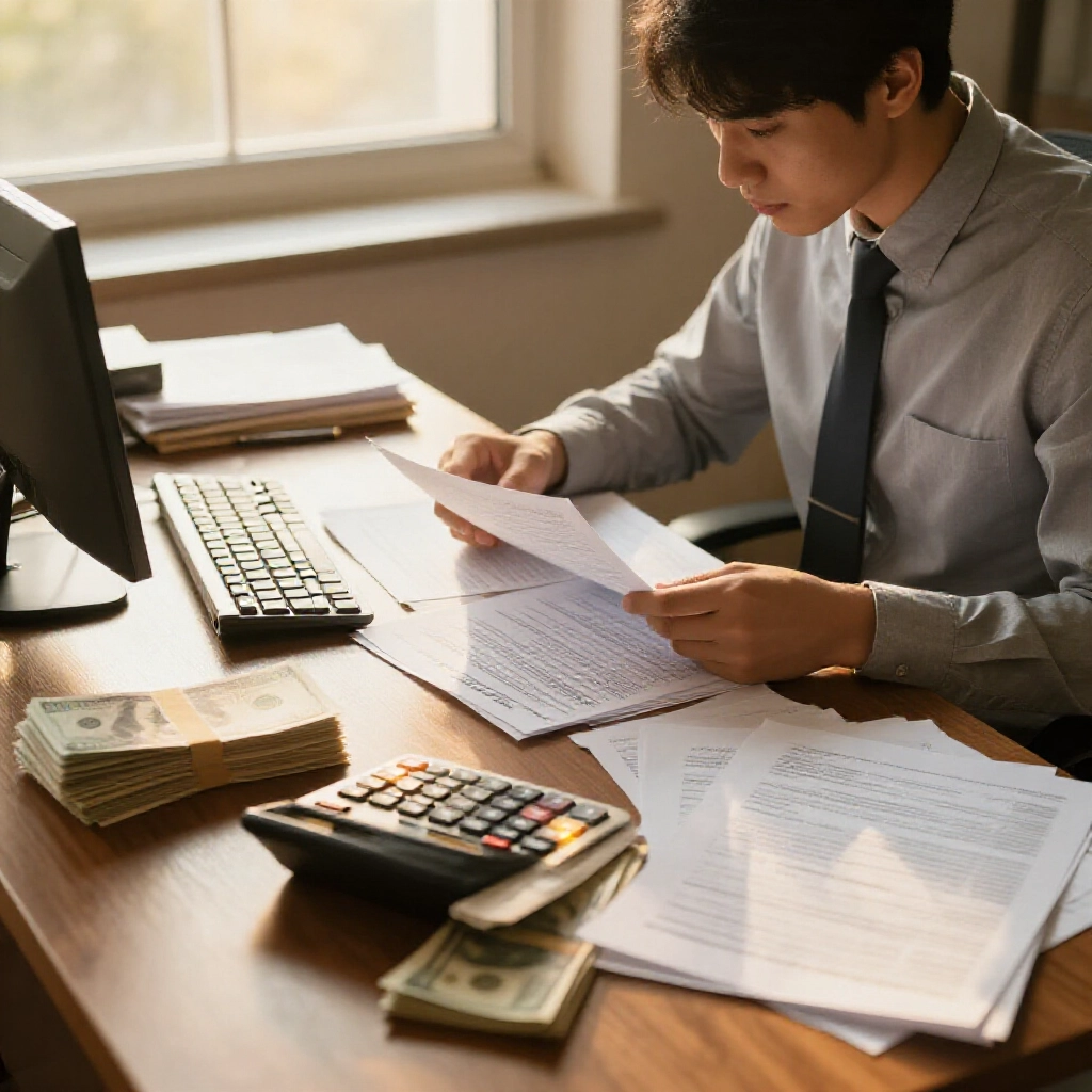 木桌堆滿現金、稅單和計算機,專業人士仔細檢視文件,陽光灑入辦公室