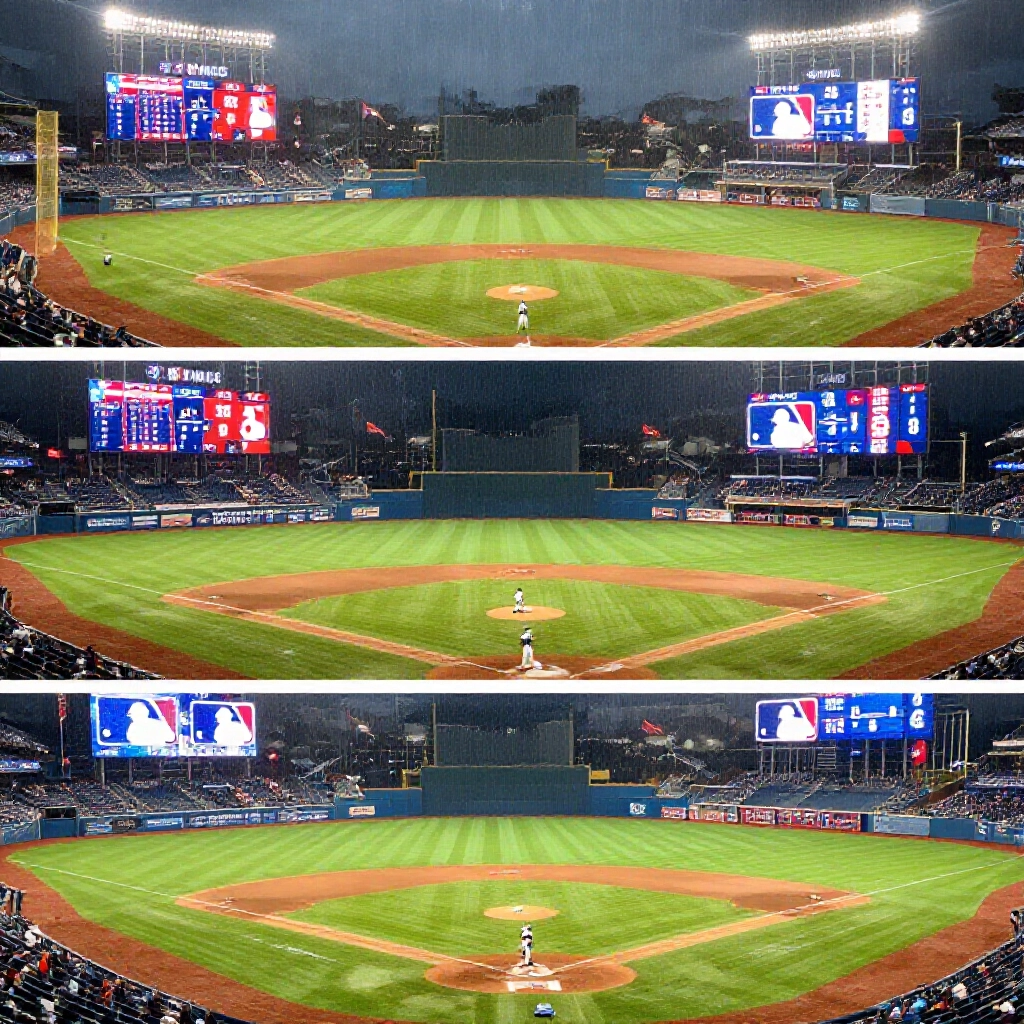 三聯盟棒球場分割視圖:MLB日間明亮、日職夜間燈光、中職雨天氛圍,比分牌皆顯示平手,球員制服與國旗飄揚