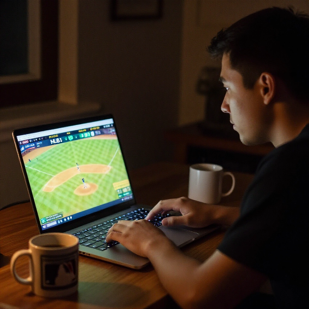 MLB棒球迷深夜盯著筆電,畫面顯示賽事開賽倒數,分析投手名單,旁邊咖啡杯,專注眼神被螢幕光芒照亮,昏暗舒適房間,暖琥珀色調