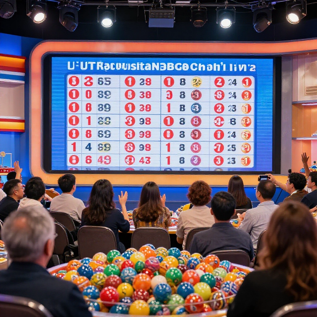 充滿活力的樂透工作室,色彩繽紛的轉動球體在明亮聚光燈下,興奮觀眾注視大螢幕顯示最新開獎號碼