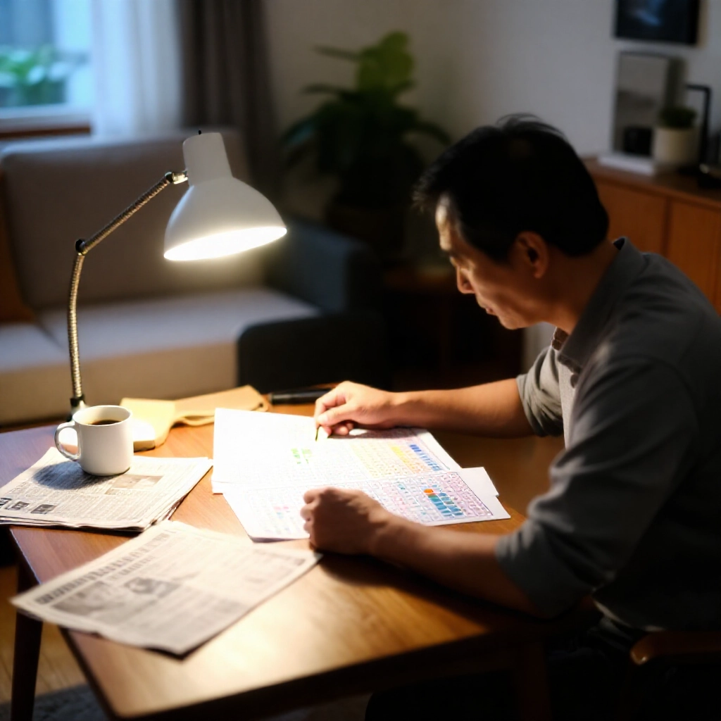 台灣居家客廳黃昏時分,中年男子專注研究彩券圖表與機率圖,桌上散落報紙與咖啡杯