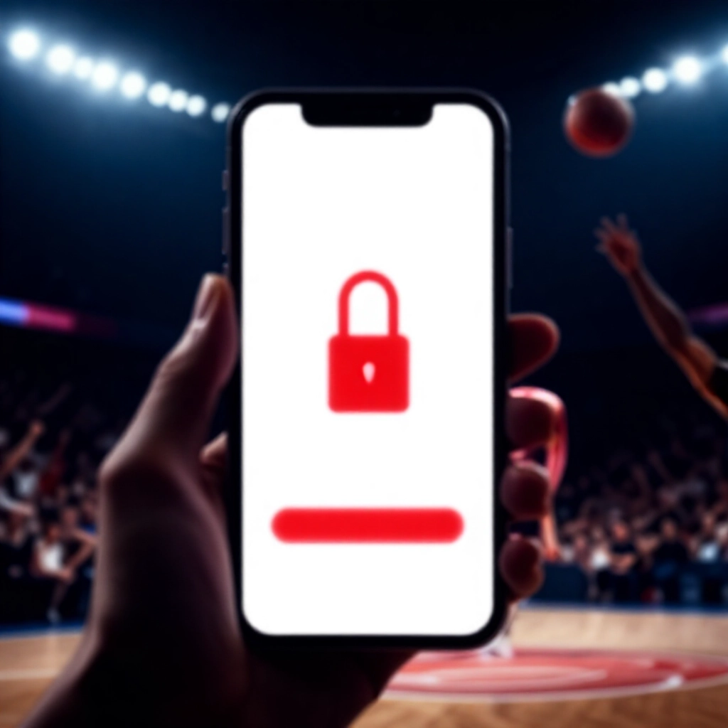 籃球場激烈時刻，球員罰球瞬間，下注 App 凍結顯示鎖定指示燈紅色閃爍，體育館燈光群眾緊張戲劇性陰影