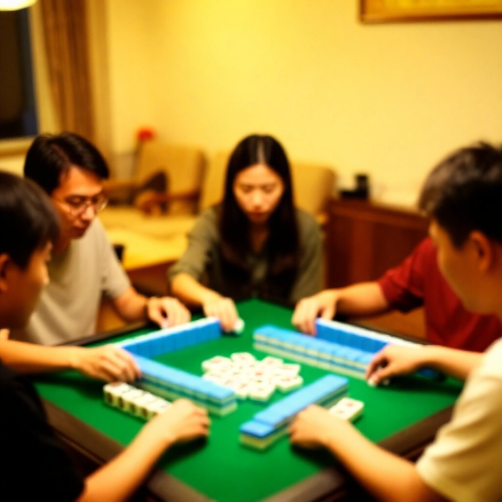 三位朋友在舒適台灣客廳圍綠絨麻將桌,在暖黃燈光下專注整理彩色麻將牌並移除中段萬子,表情專注