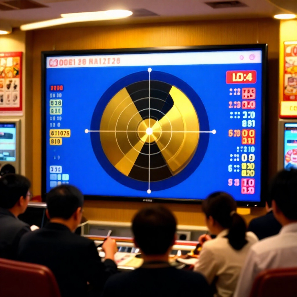 熱鬧投注站螢幕上顯示的台灣彩券中獎機率雷達圖，今彩539以金藍色調突出，多元玩家在溫暖燈光下熱烈討論