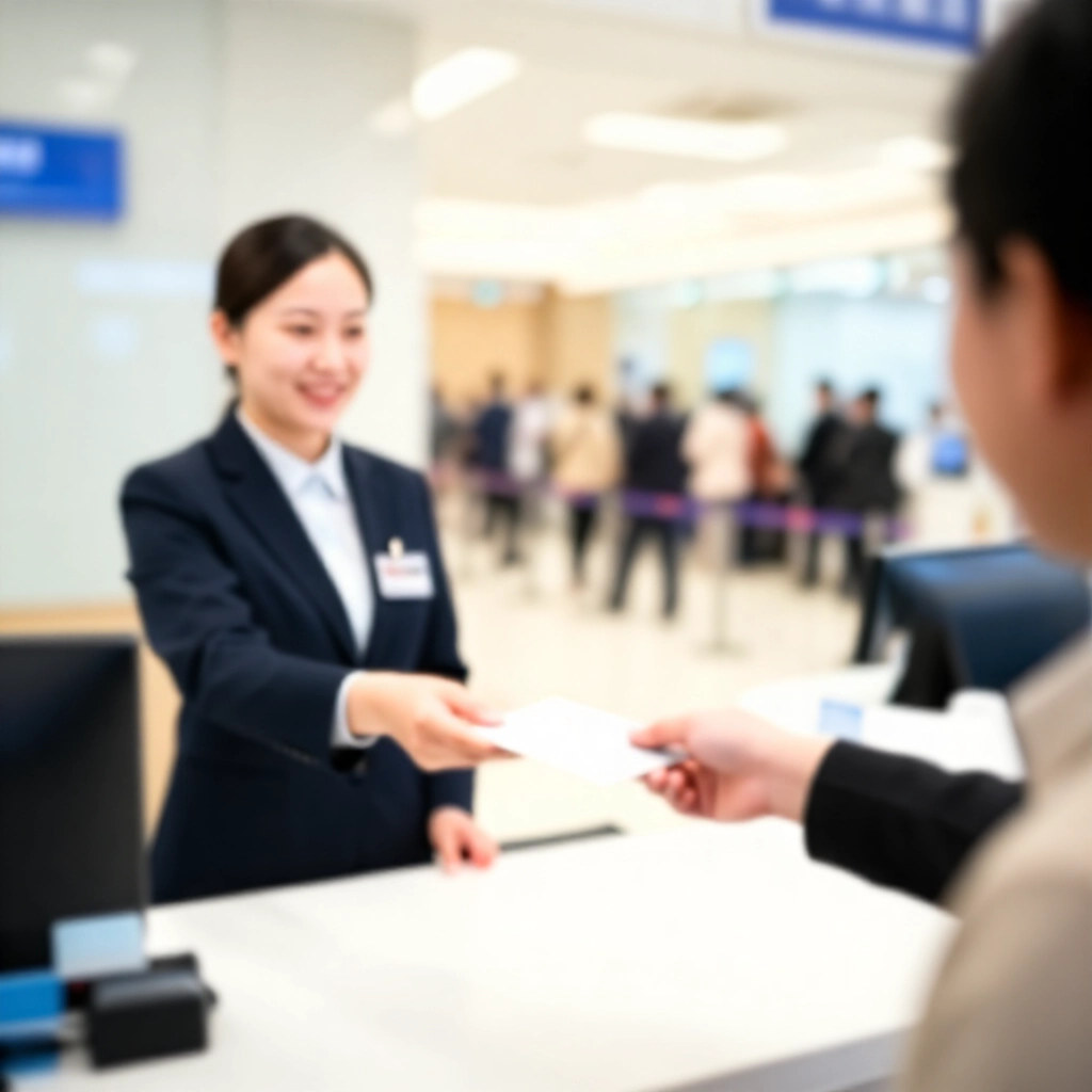 中國信託銀行櫃台行員遞出現金信封給喜悅客戶，客戶出示身分證，明亮銀行大廳標示清楚有排隊線