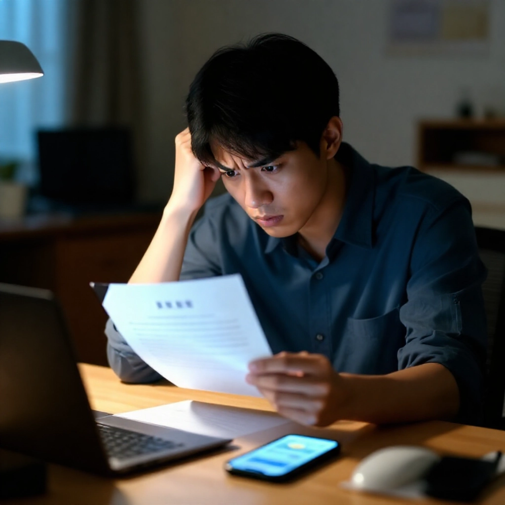 年輕台灣人在家辦公室焦慮開啟警方通知書,桌上智慧手機顯示賭博App,營造緊張不確定氛圍