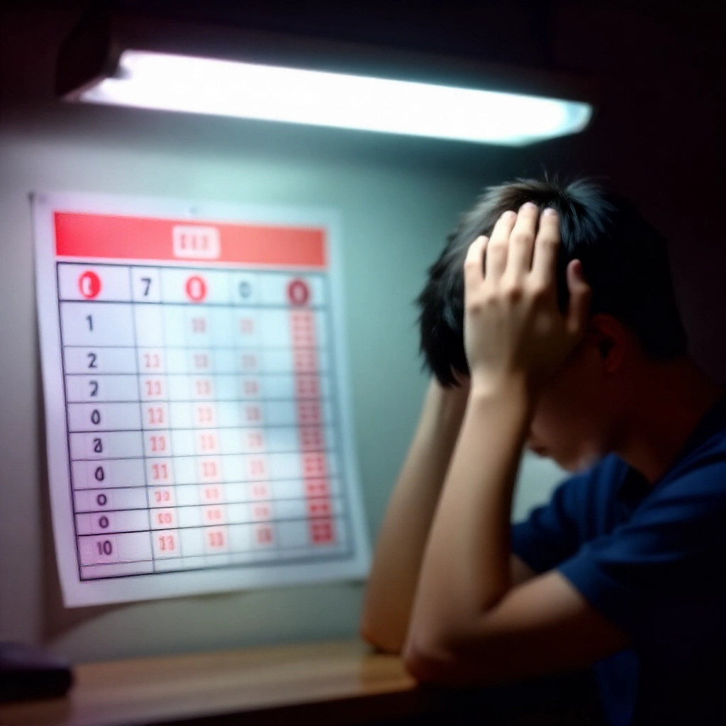 困惑的年輕玩家抓頭盯著雙區彩券,第一區中三個但第二區未中,對比旁邊清楚的解說圖