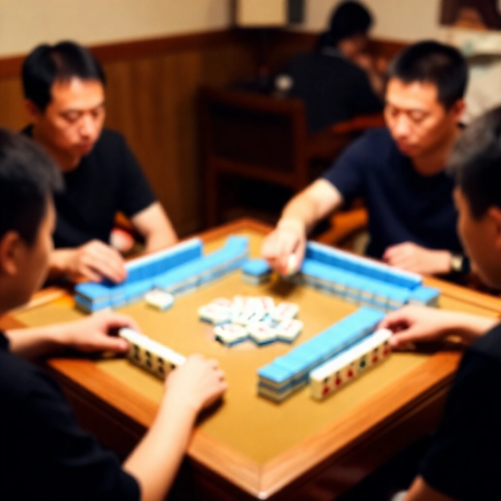 玩家在木製麻將桌示範丟棄牌,對手跳過吃牌但考慮碰或槓,臉部專注氛圍緊張