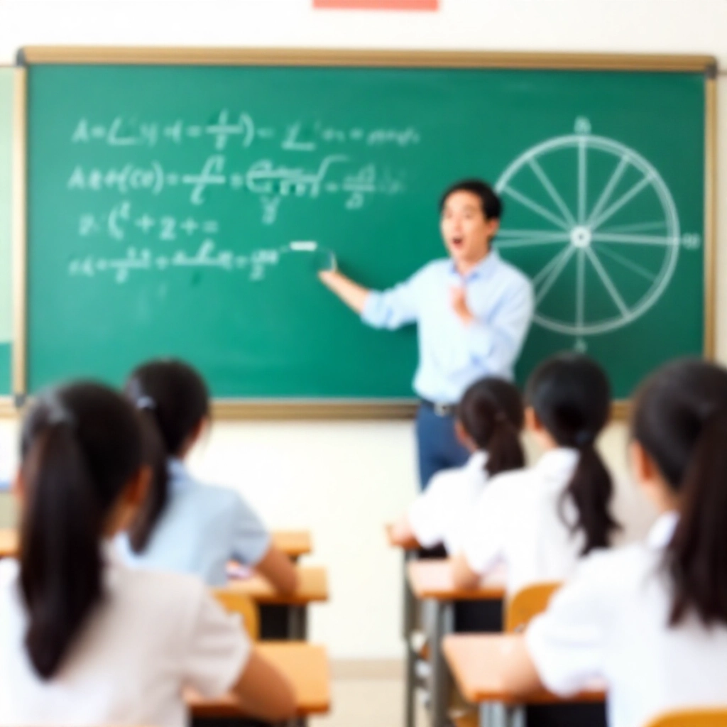 明亮教室,黑板上顯示樂透組合複雜數學公式,熱情的教師指向輪盤系統圖表,學生熱切筆記,鮮綠色粉筆,溫暖日光,專注能量