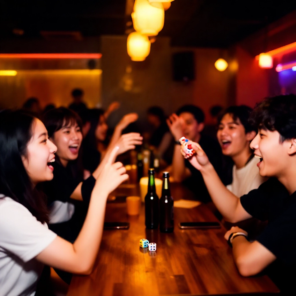 熱鬧台灣酒吧內部，年輕人圍桌興奮搖五顆彩色骰子，暖色霓虹燈光與酒瓶營造節慶社交氛圍