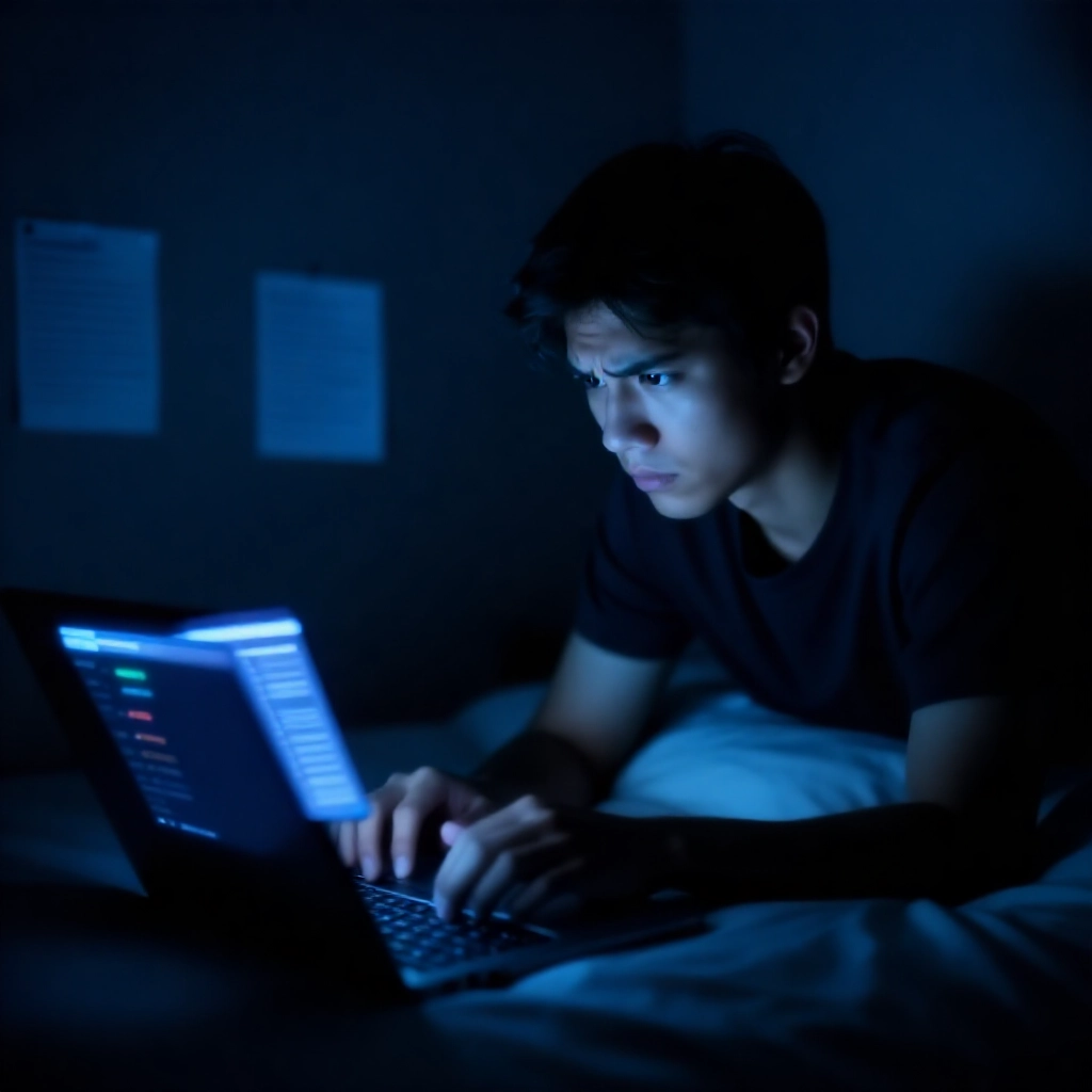 年輕男子在黑暗臥室中，筆電藍光照亮，緊張盯視線上投注畫面，周圍手機警示與投注筆記，營造深夜懸疑氛圍