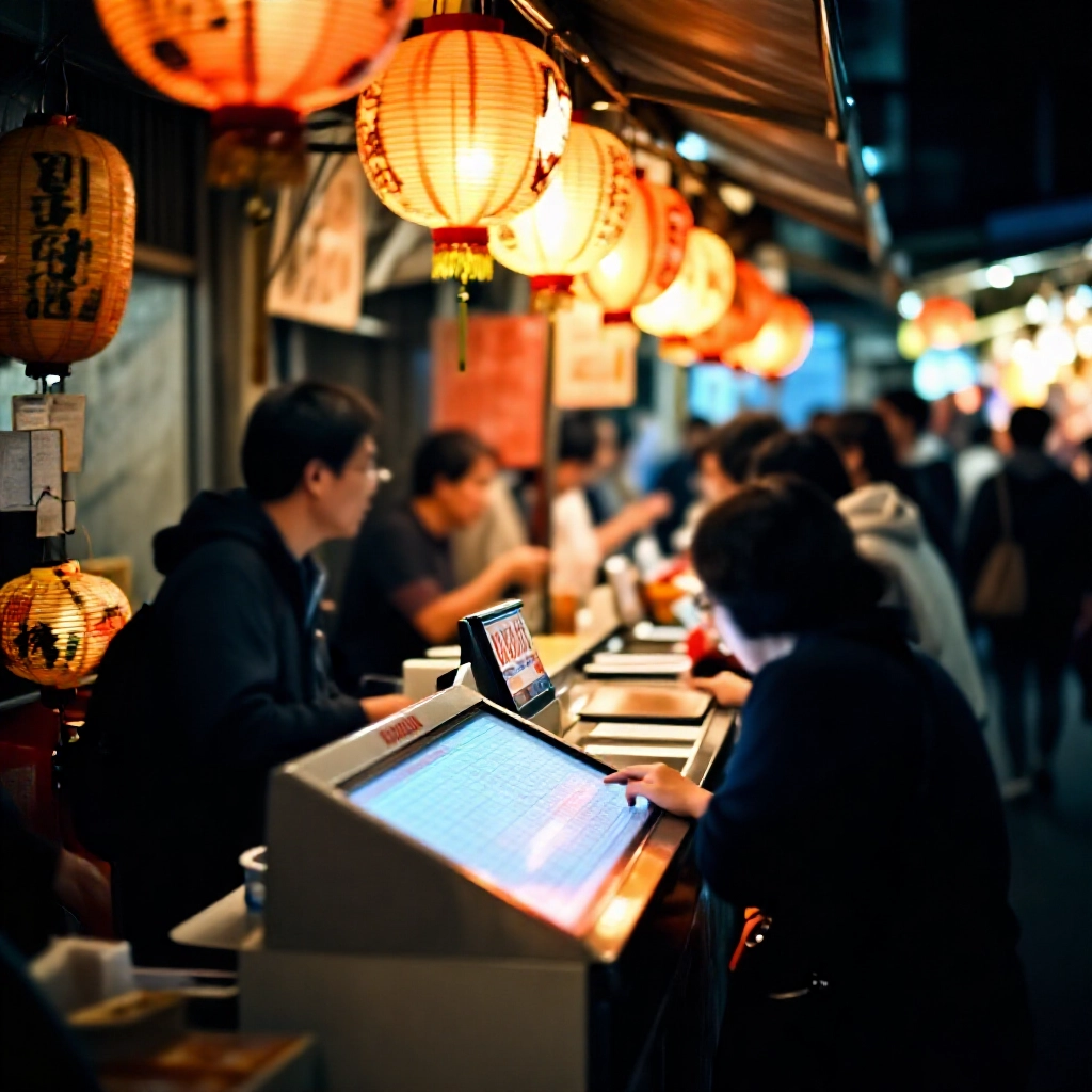 對比視圖：優雅的官方彩票櫃檯與熱鬧的台灣夜市投注攤位，五彩燈籠、人群聊天，生動街頭場景，溫暖橘色調