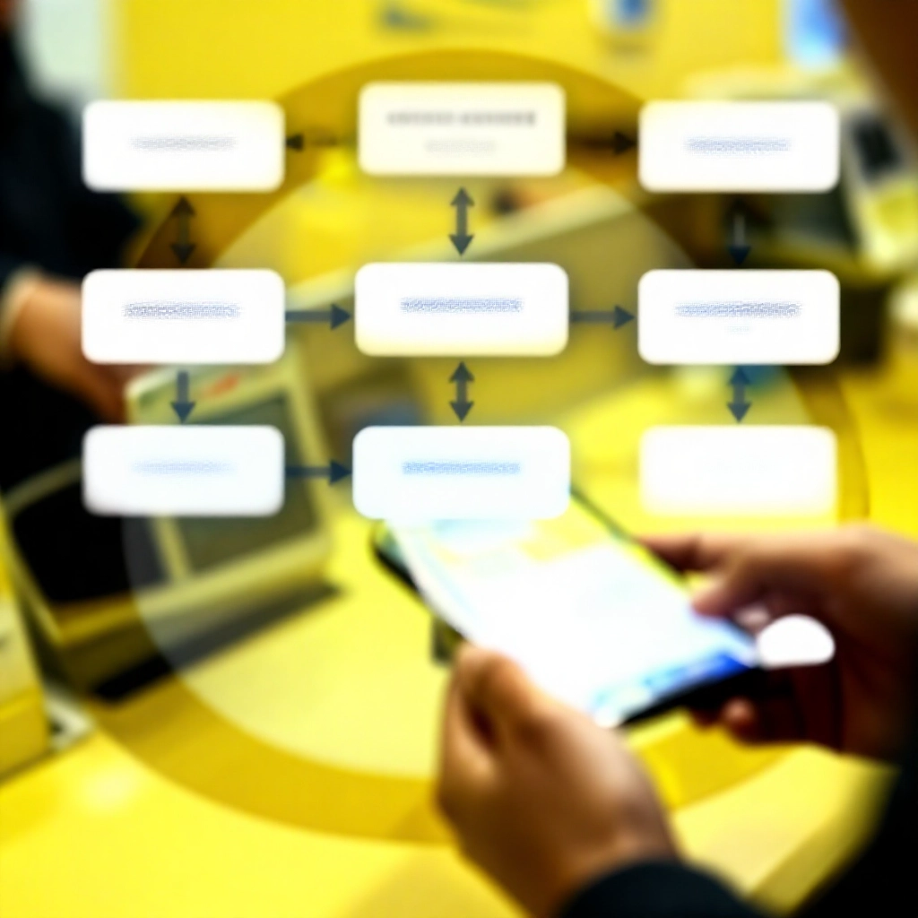步驟流程圖,人物用手機掃描彩票在銀行櫃檯領現金,黃色燈光與App介面元素