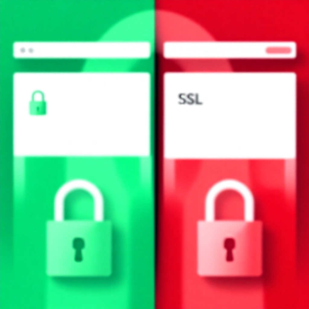 正版與假網站並排比較截圖,強調 SSL 鎖頭、網域列與 UI 差異,鮮明資訊圖,綠紅對比色調,明亮工作室燈光