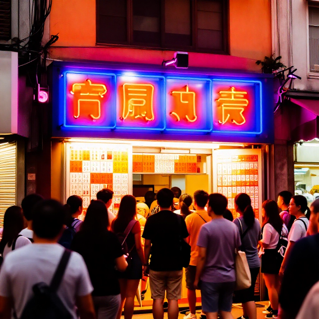 黃昏時分熱鬧的台灣彩券店面,霓虹燈顯示四星彩票,興奮民眾在橘紫燈光下聚集,充滿街頭活力氛圍