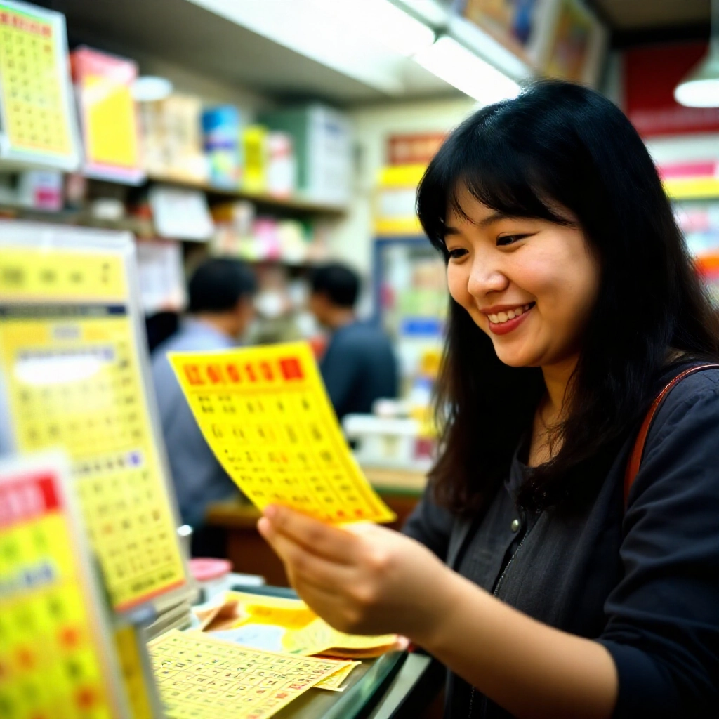 快樂的台灣顧客在熱鬧的彩券站挑選第一區六個號碼和第二區一個號碼，鮮豔黃色彩票售價一百元，在溫暖螢光燈下
