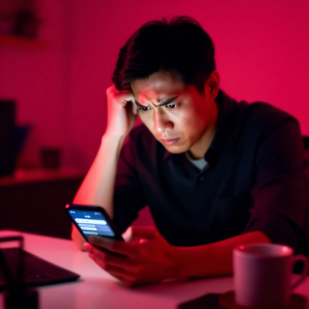 擔心的台灣男子在昏暗紅光下盯著顯示帳號凍結警報與詐騙警告彈窗的手機螢幕,表情緊張,周圍有咖啡杯