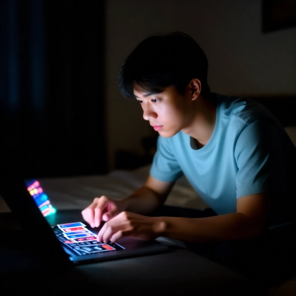年輕台灣男子穿休閒T恤,在夜晚昏暗臥室專注盯著發光筆電螢幕,顯示百家樂賭桌紅藍牌在戲劇性燈光下