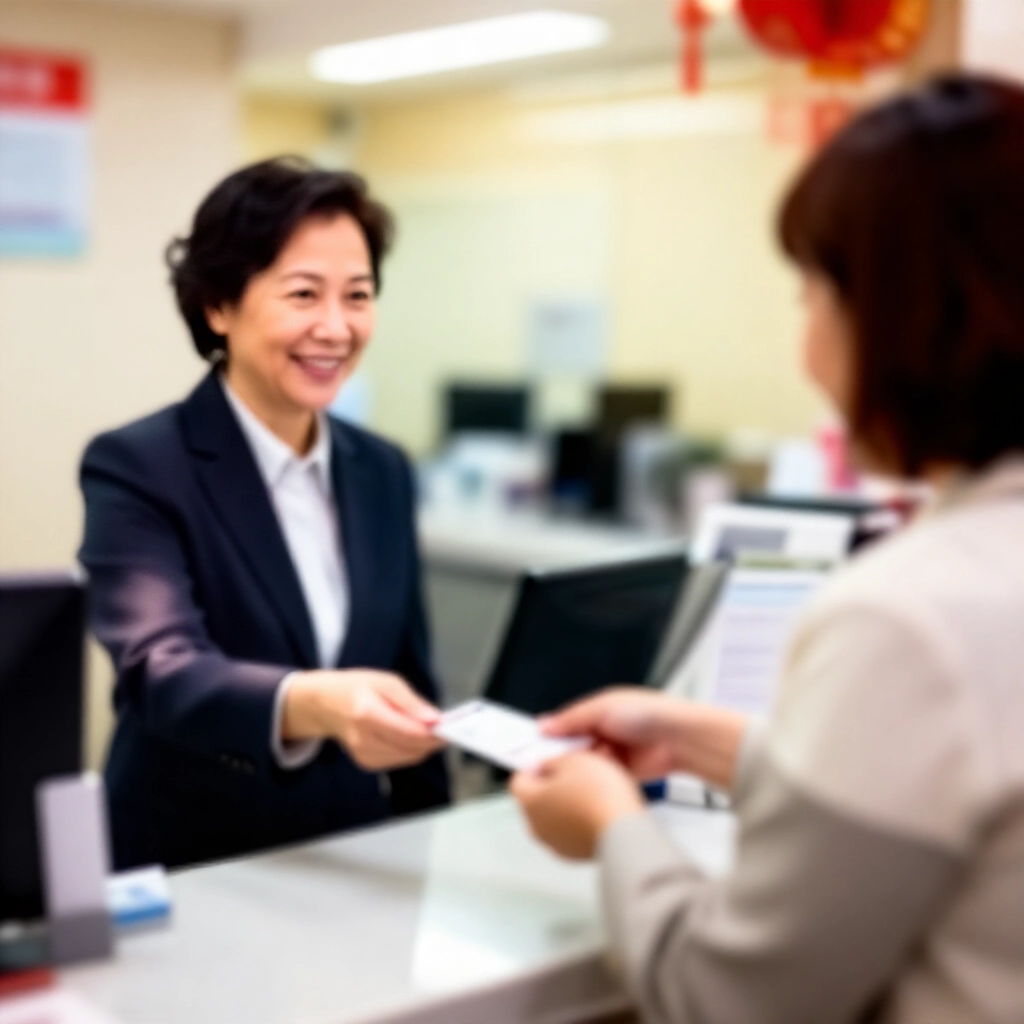 中年台灣人微笑在現代銀行櫃檯與專注櫃員交換彩票,周圍專業環境與節慶裝飾