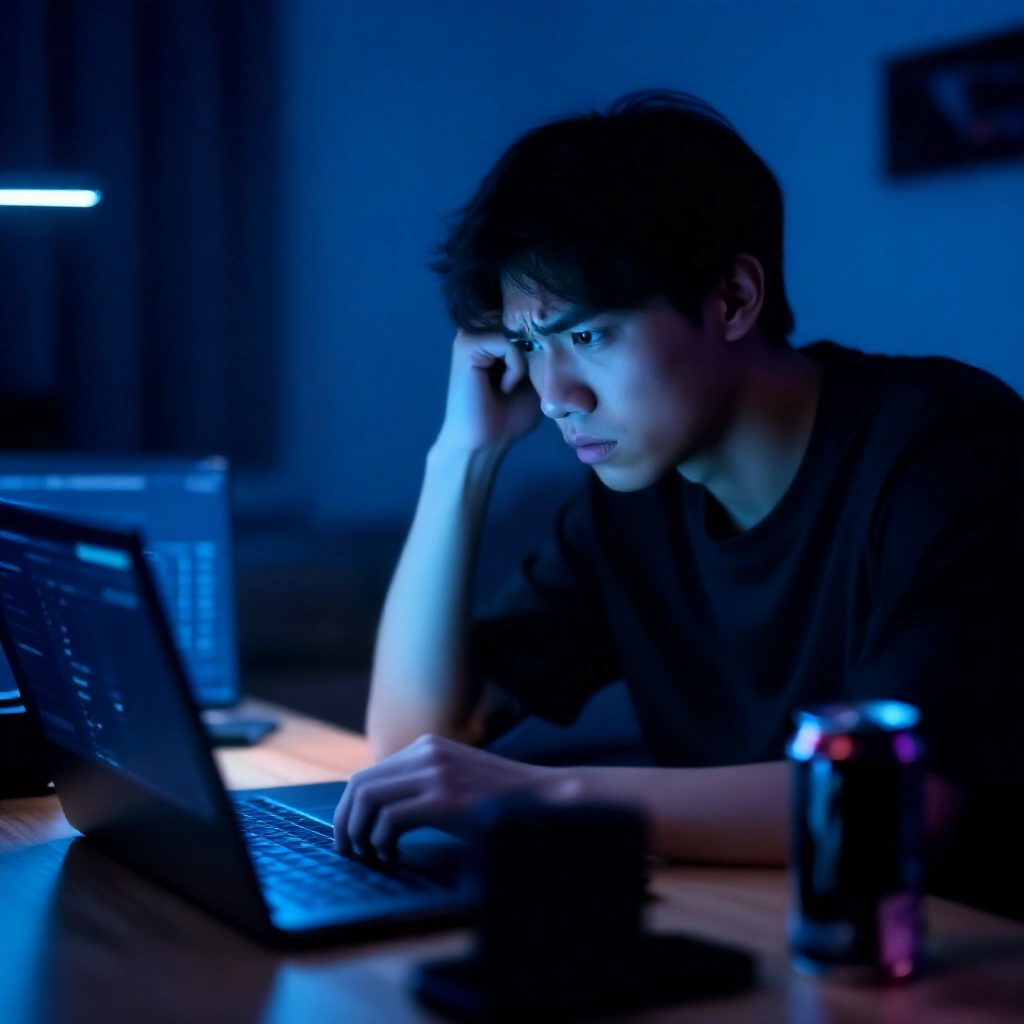 年輕台灣玩家困惑盯著顯示線上博弈面板的筆電螢幕,擔憂資料圖表閃爍