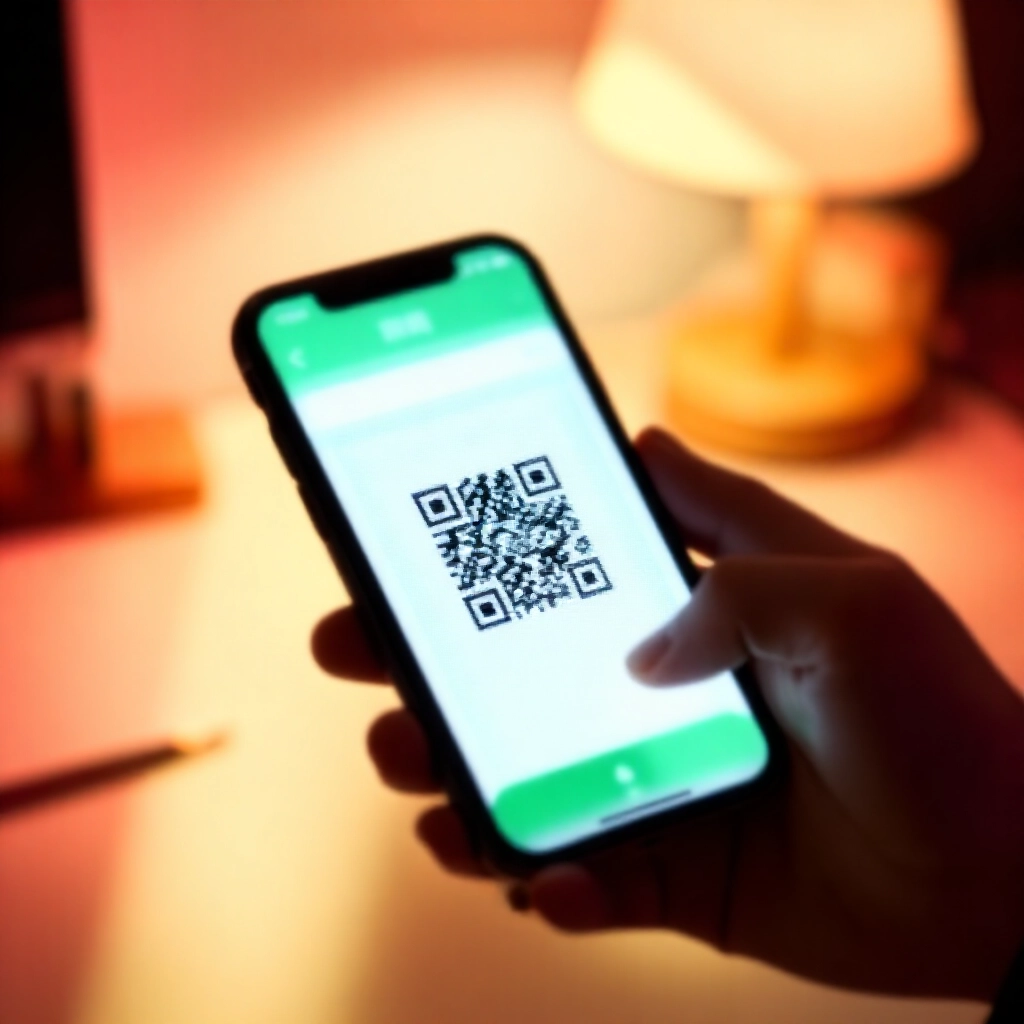 手持智慧型手機掃描彩票 QR Code 的台彩 APP 介面,綠色高亮匹配號碼,溫馨居家環境
