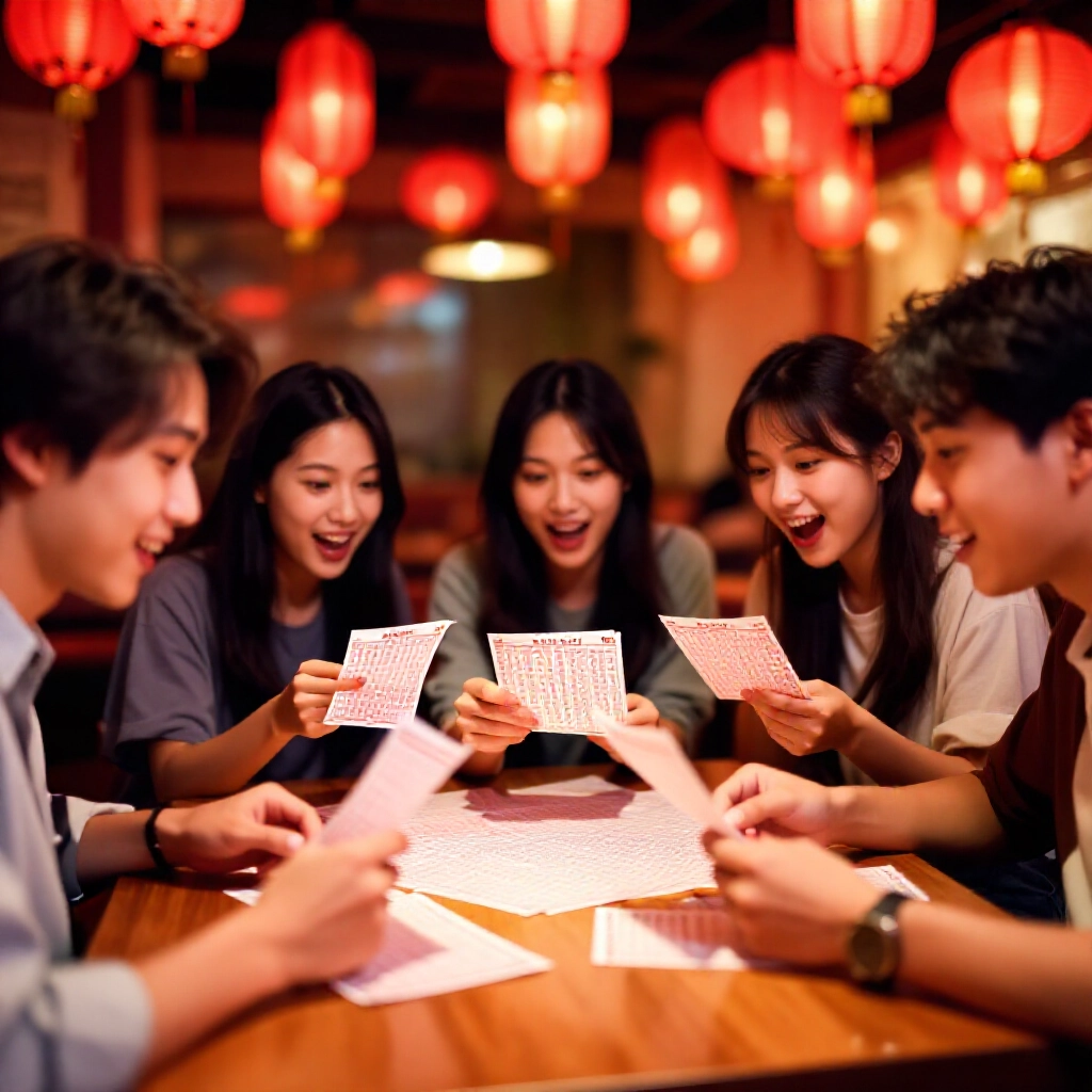 熱鬧的台灣玩家圍坐在木桌前研究彩票單據與號碼圖表,背景柔和燈籠與紅燈籠,臉上滿是興奮表情