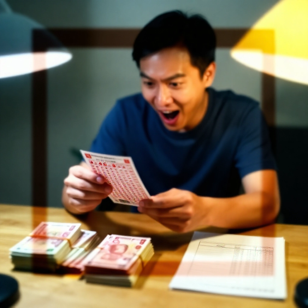 興奮的台灣男子穿T恤檢查中二個號碼的樂合彩券,旁邊堆疊現金鈔票和稅務扣除筆記本,木桌暖燈照明