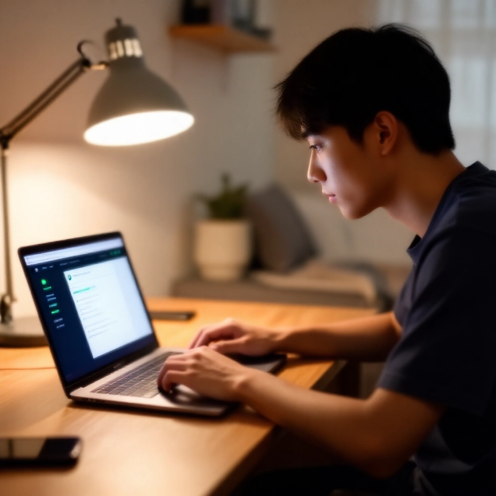一位謹慎的台灣年輕男子在溫馨現代客廳中，專注檢查筆電螢幕上顯示安全遊戲網站登入頁面，旁邊有綠色安全指標與官方標誌驗證清單