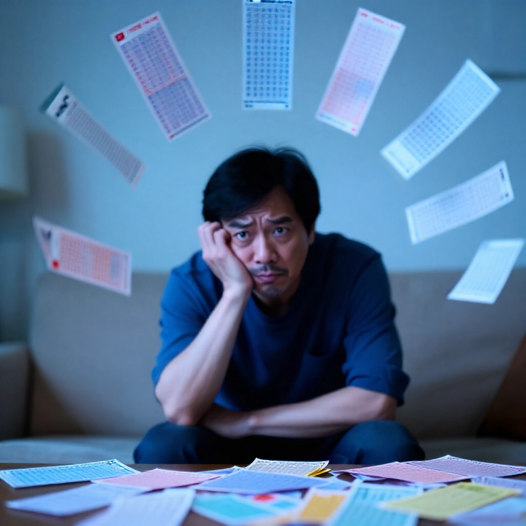 困惑的中年台灣男子在柔和燈光客廳,周圍散落彩色樂透券和浮動隨機機率圖表,營造神秘與啟示氛圍,冷藍色調