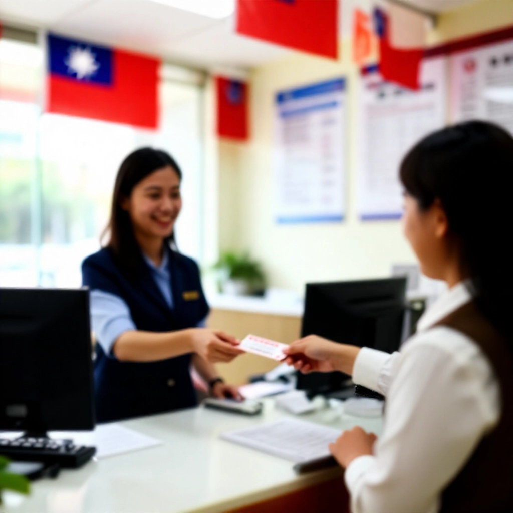 專業銀行內部，客戶遞交樂透彩票給微笑櫃員，櫃檯上有台灣國旗與海報，自然日光透過窗戶，傳達安全與信賴