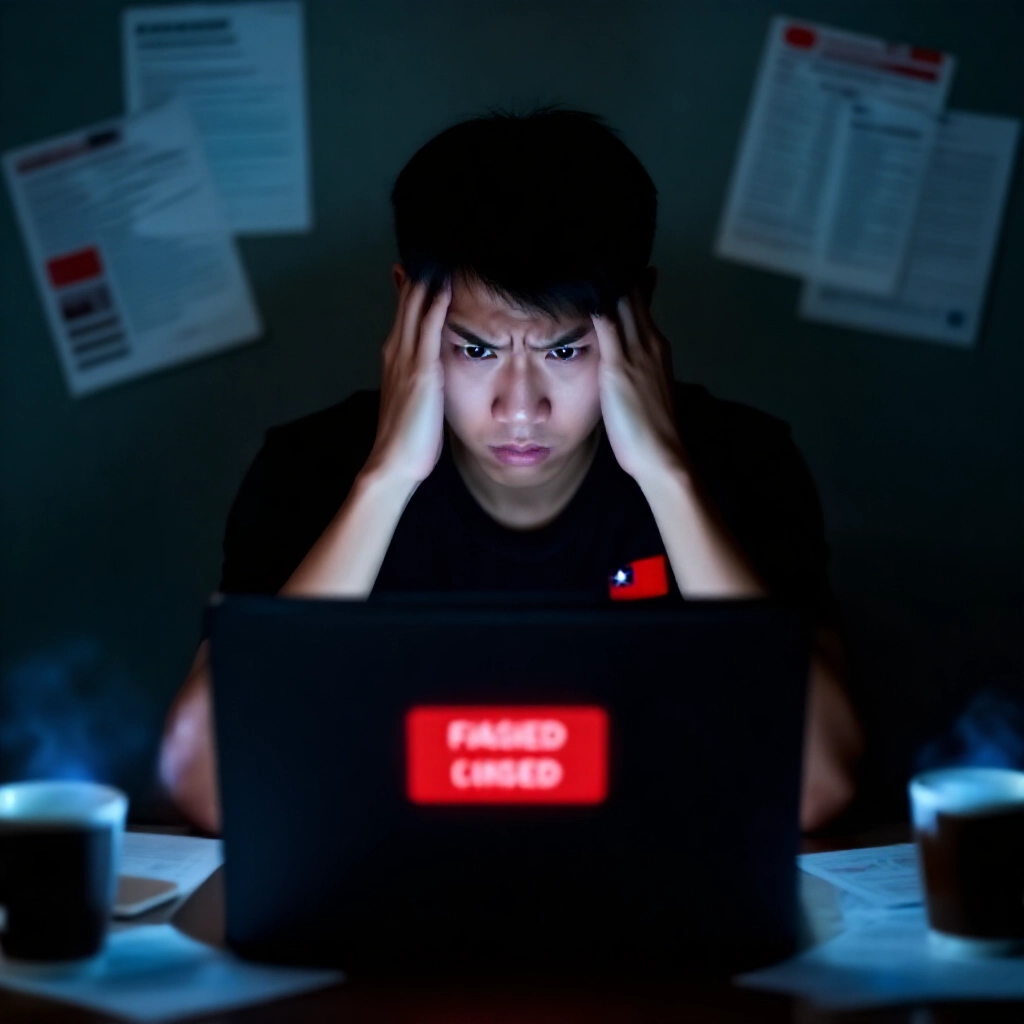 擔心的台灣玩家在昏暗房間盯著顯示紅色提款失敗警示的筆電螢幕,周圍散落投注單據和咖啡杯,臉部表情緊張