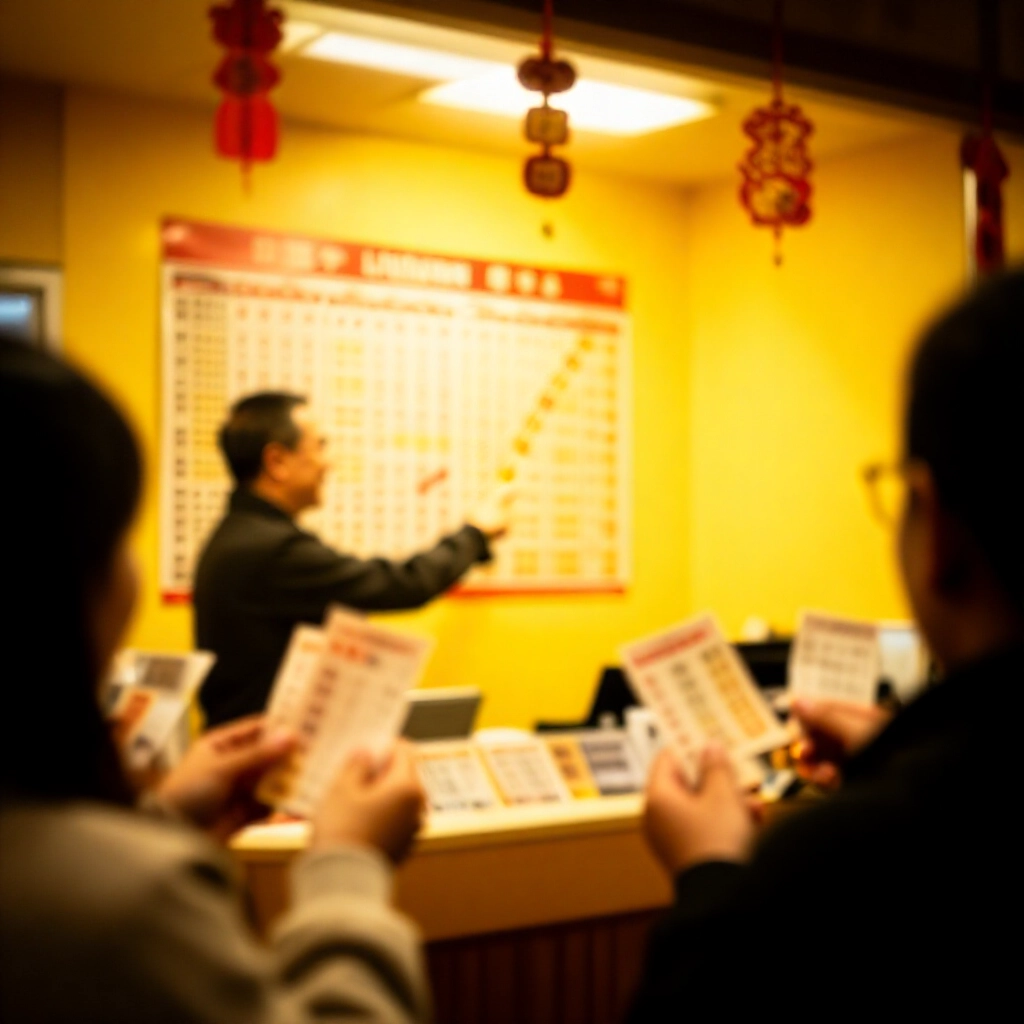 溫馨台灣彩券行內部暖光照耀,店員指向冷熱號週期與包牌投注策略流程圖,顧客手持票券幸運物垂掛