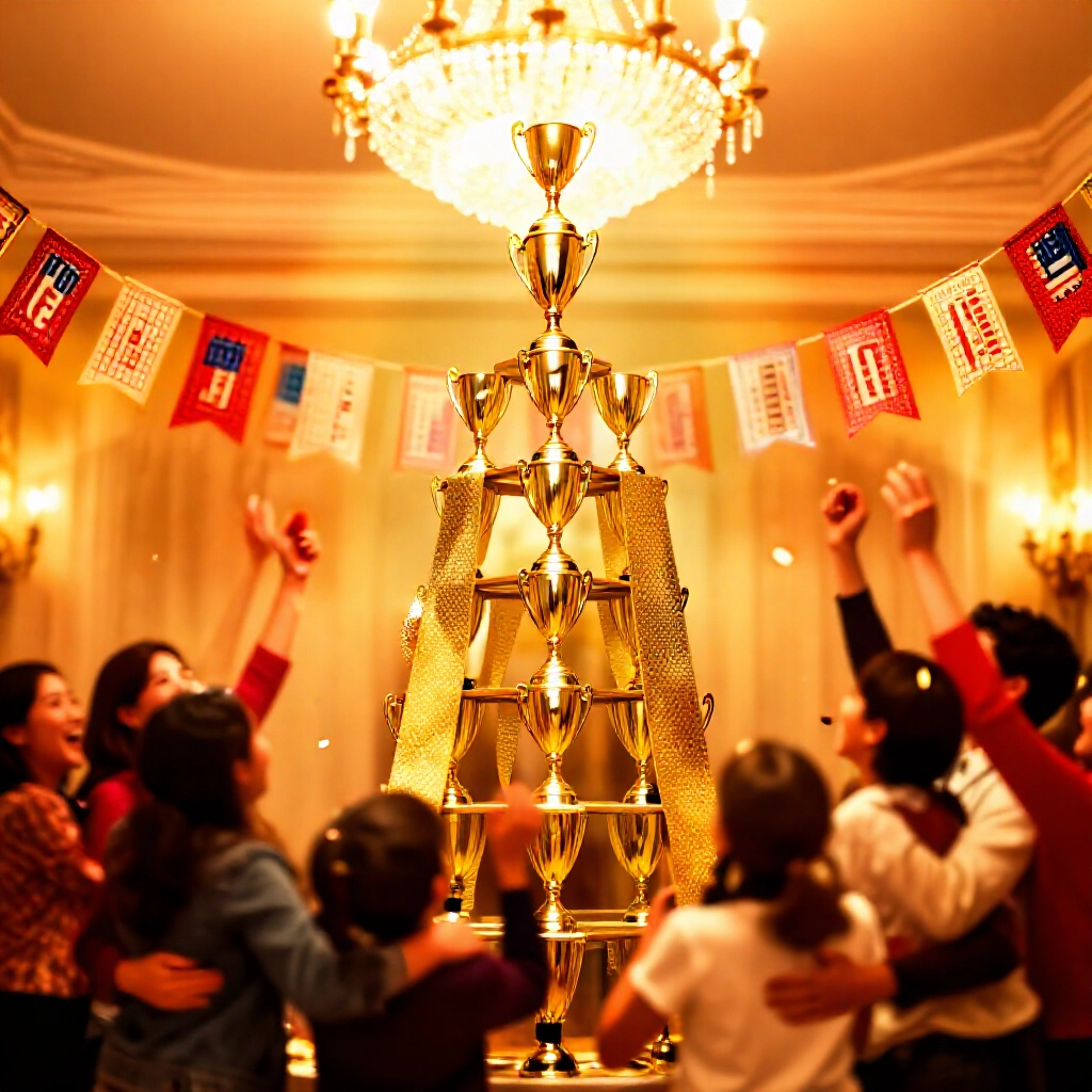 喜悅的中獎者在節慶房間慶祝樂透大獎,金色獎盃階梯上升,彩屑飛舞,彩帶飄揚,快樂家庭擁抱,璀璨吊燈金光閃耀