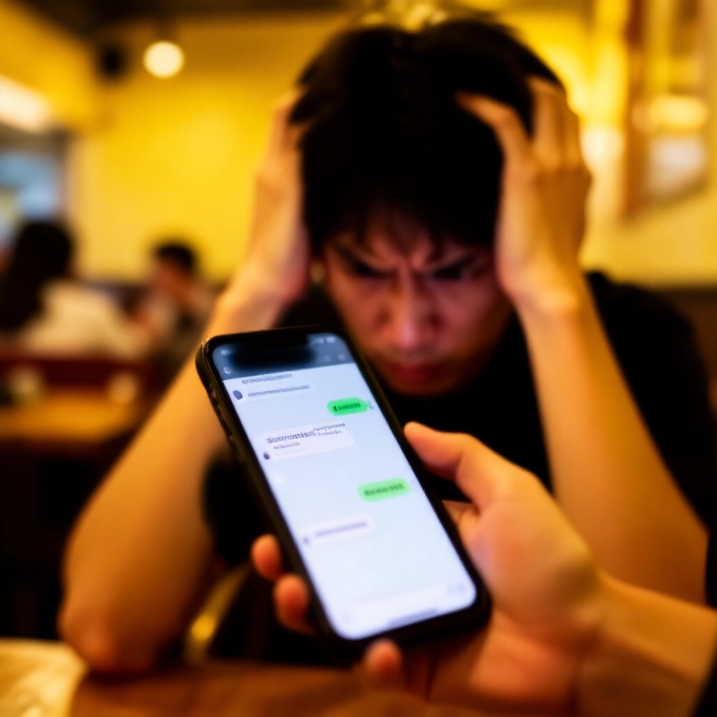 台灣咖啡廳中沮喪年輕男子滑手機看Dcard百家樂詐騙貼文，生氣聊天泡泡與警告圖示，溫暖黃光擁擠背景