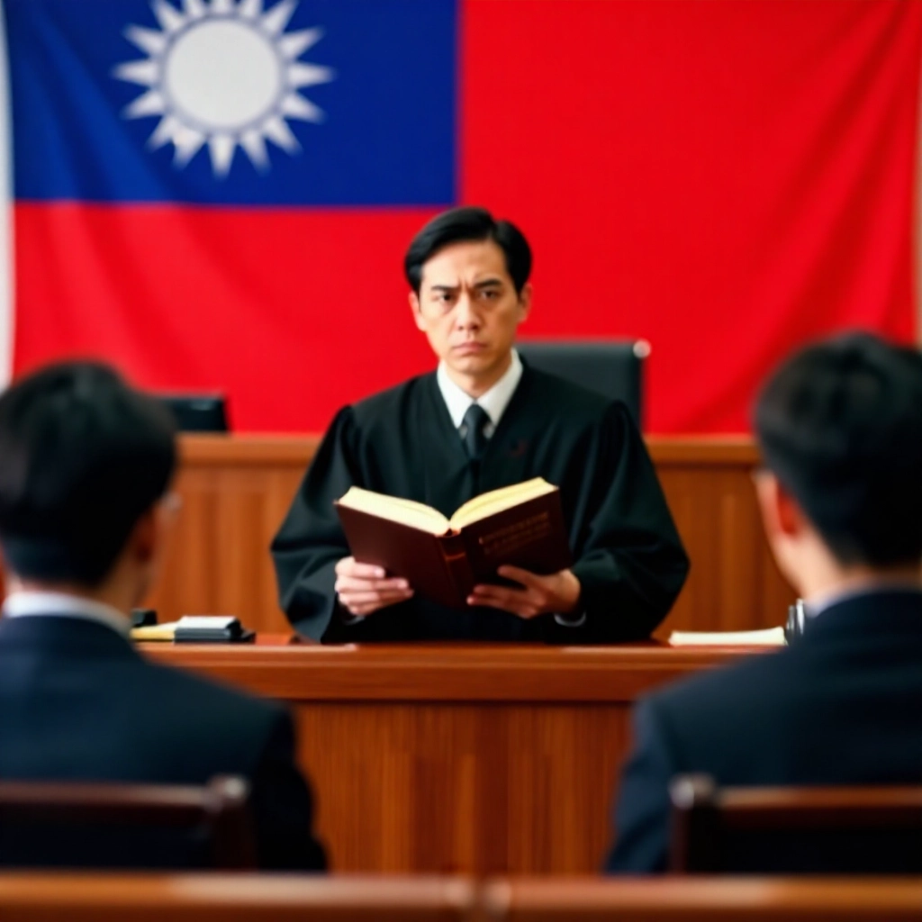 法庭場景,嚴肅法官手持法律書籍,焦慮玩家坐在木椅上,台灣國旗背景營造權威氛圍