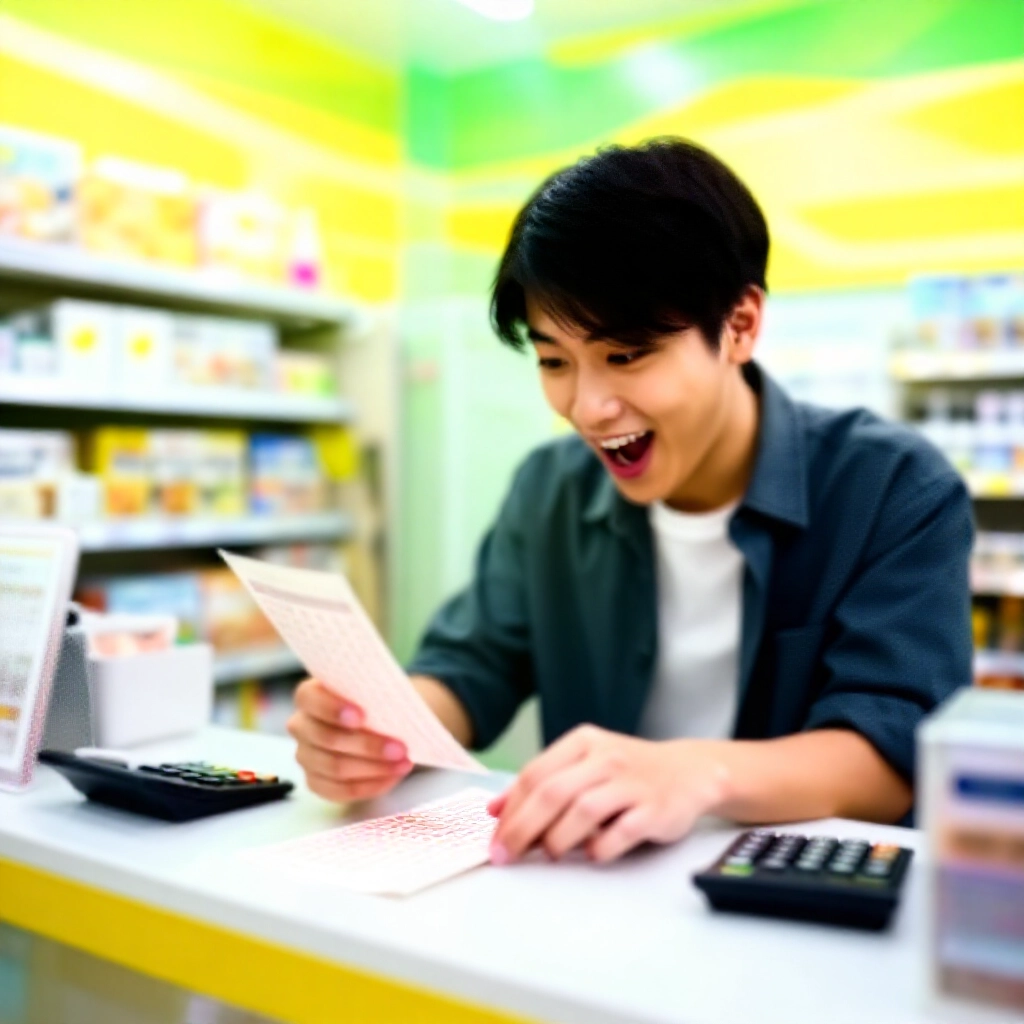 便利商店櫃檯年輕台灣玩家興奮圈選威力彩彩票號碼,黃綠霓虹燈光下旁有計算機