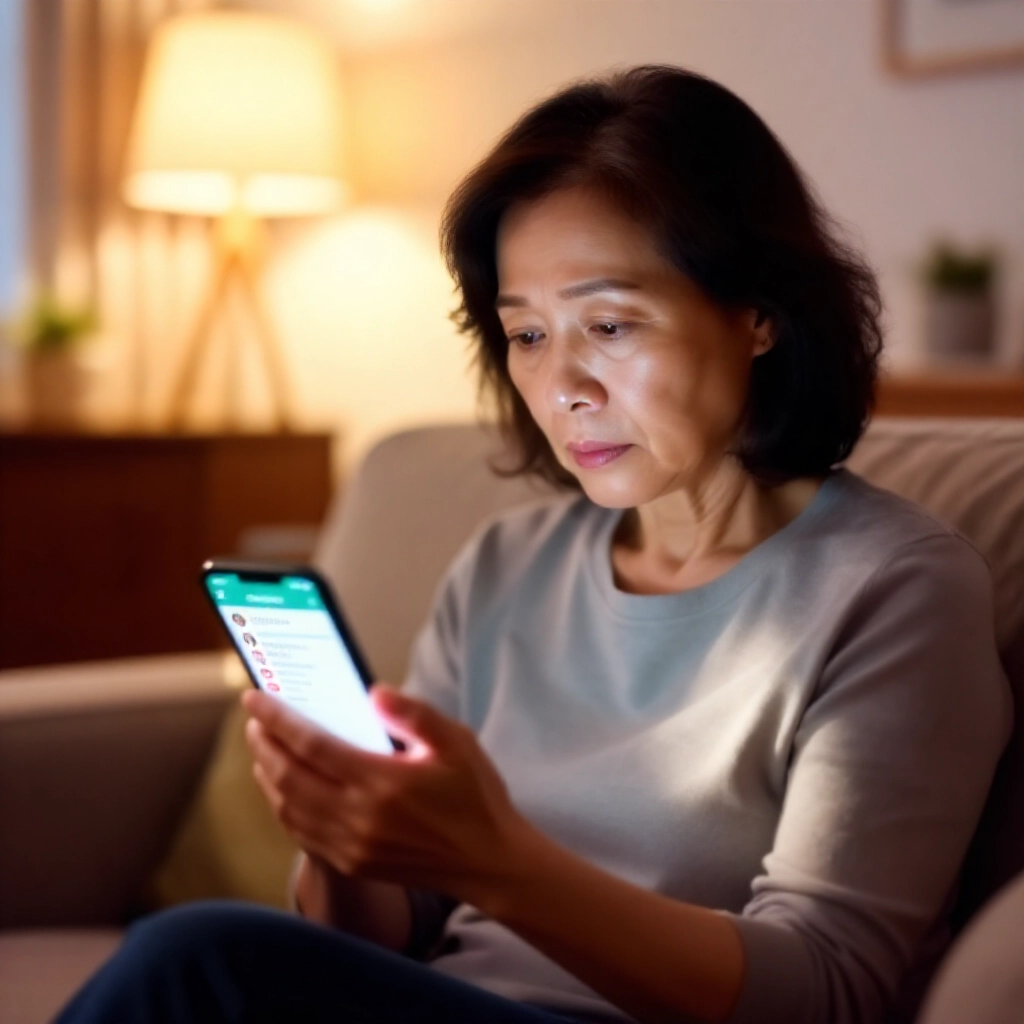 中年台灣女性在溫馨客廳焦慮滑動智慧型手機螢幕,顯示Telegram群組聊天室內含樂透預測、假見證及緊急轉帳提示,暖燈光下