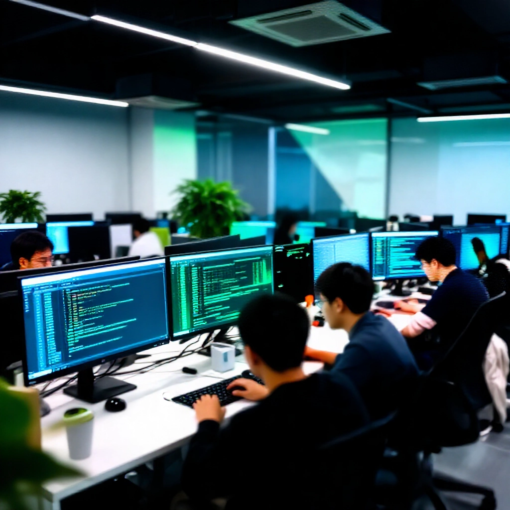 台中軟體園區充滿活力的科技工作空間,前端開發者合作高併發架構,顯示 Redis、WebSocket 與風控儀表板,在動感 LED 燈光下發出綠光