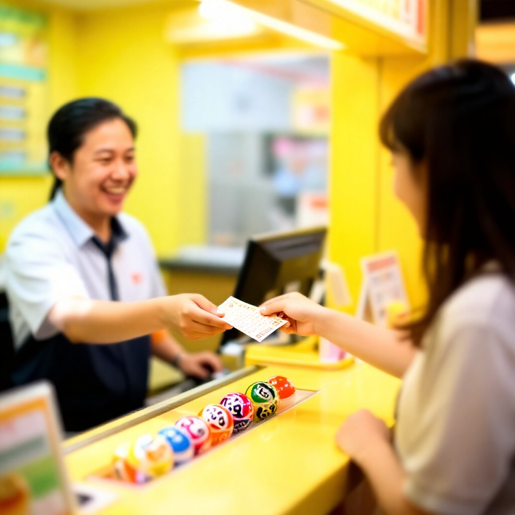 在明亮的台灣彩券投注站,歡樂顧客向微笑店員遞交現金,接收新出爐的大樂透彩票,櫃檯上彩球滾動,溫暖燈光充滿興奮氛圍