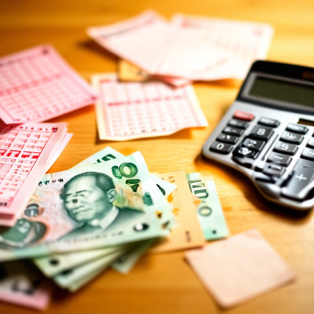 一張在溫暖金黃燈光下的木桌,散落著彩色彩票、綠色台幣鈔票堆疊,以及一台時尚計算機,喚起興奮與精準財務規劃的氛圍