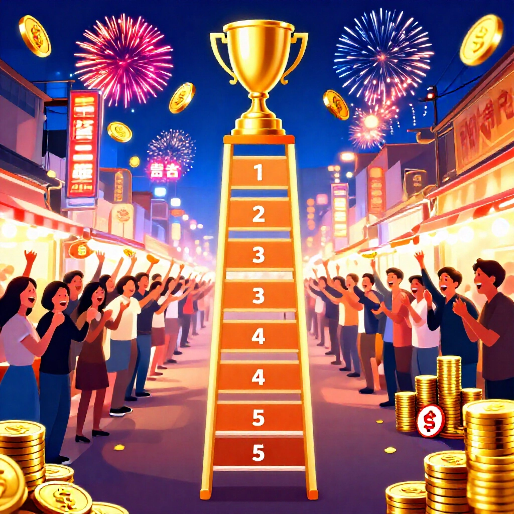 金色獎盃階梯圖表顯示大樂透獎金,從基本對中到巨額頭獎,堆疊金幣煙火與夜市歡慶勝者