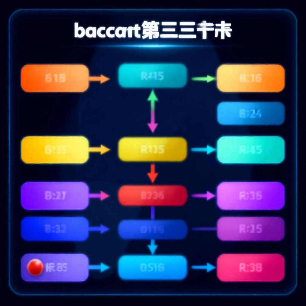 百家樂補第三張牌規則數位資訊圖流程圖,彩色箭頭從閒家總點數分支至莊家決策,時尚未來風格介面