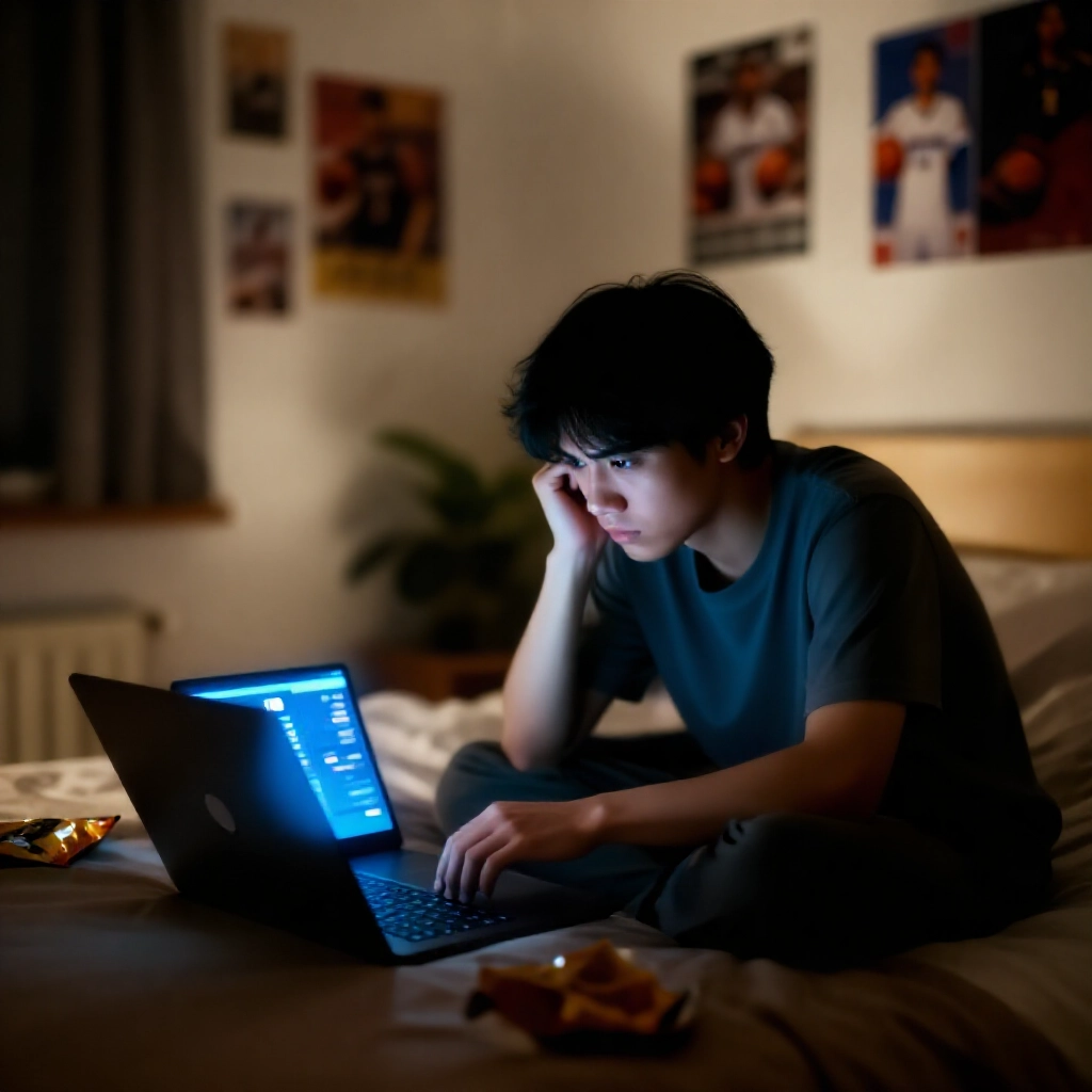 舒適的台灣臥室夜晚,年輕男子穿休閒衣盯著鎖定投注畫面的筆電螢幕,周圍散落零食與運動紀念品,柔和燈光氛圍