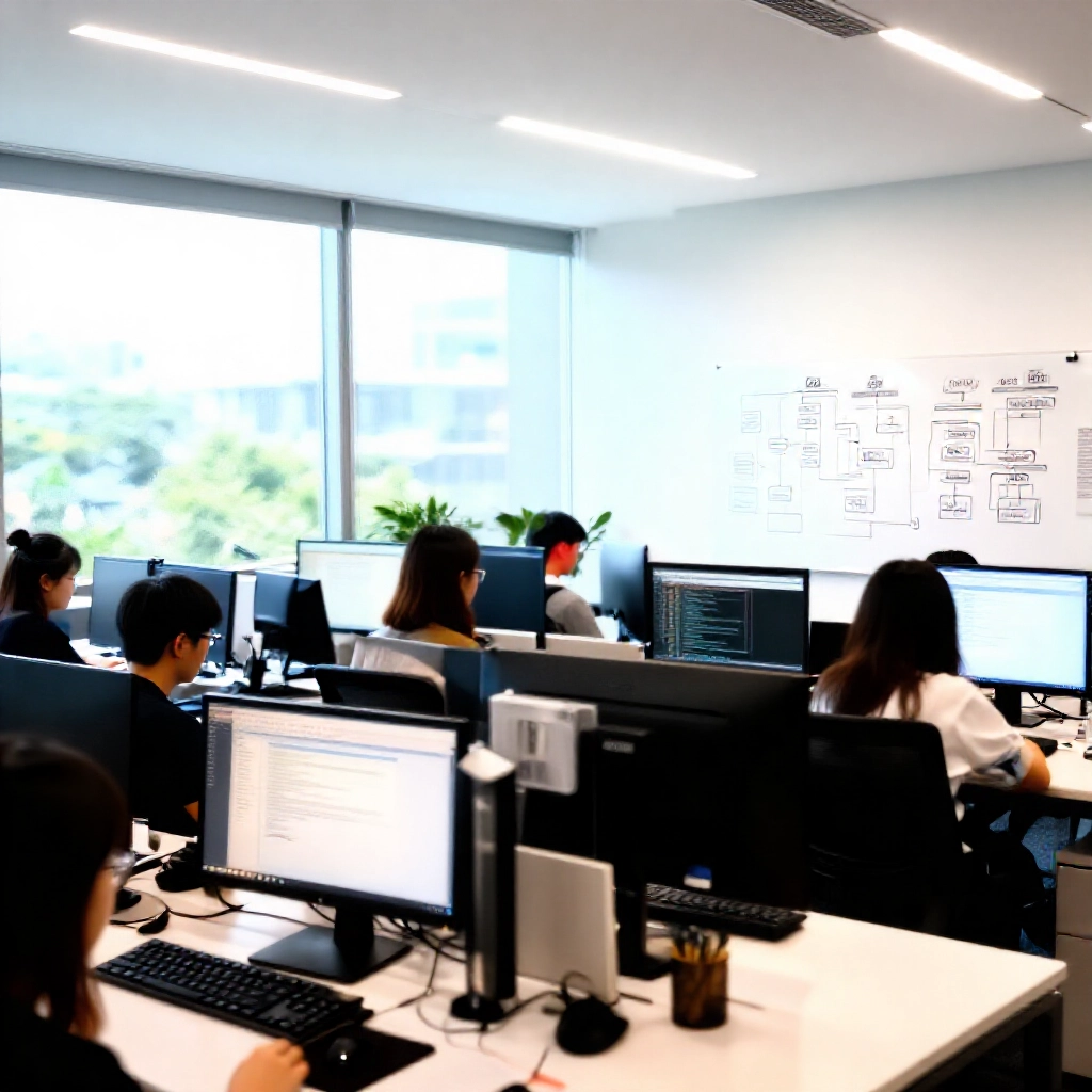 台北內湖科學園區繁忙的開放式辦公室,年輕軟體工程師在多台螢幕前編碼,周圍白板上滿是 B2B 遊戲供應鏈流程圖,大窗戶透入明亮日光