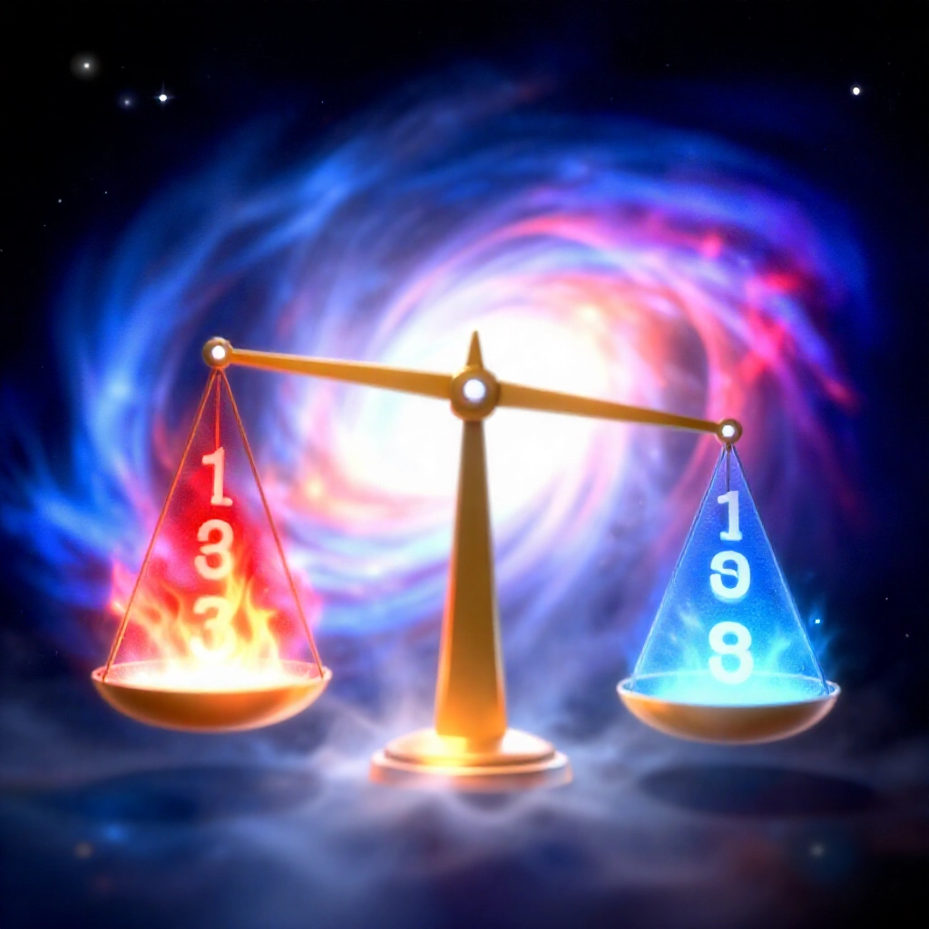 熱門紅色號碼與冷門藍色號碼在天文樂透星系中平衡的天秤,星光與霧氣環繞